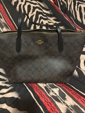 Coach Dark Brown Signature Tote with Black Handles